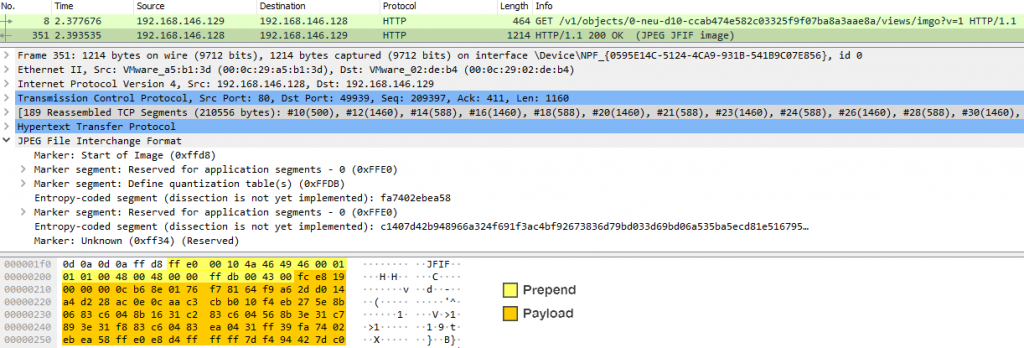 Wireshark shows the reply as a JPEG file